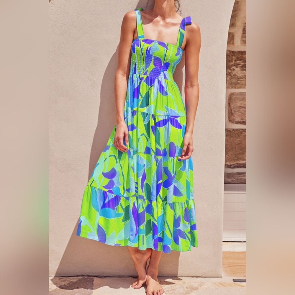 Bright Neon Floral Abstract Tie Shoulder Smocked Bodice Tiered Maxi Summer Dress